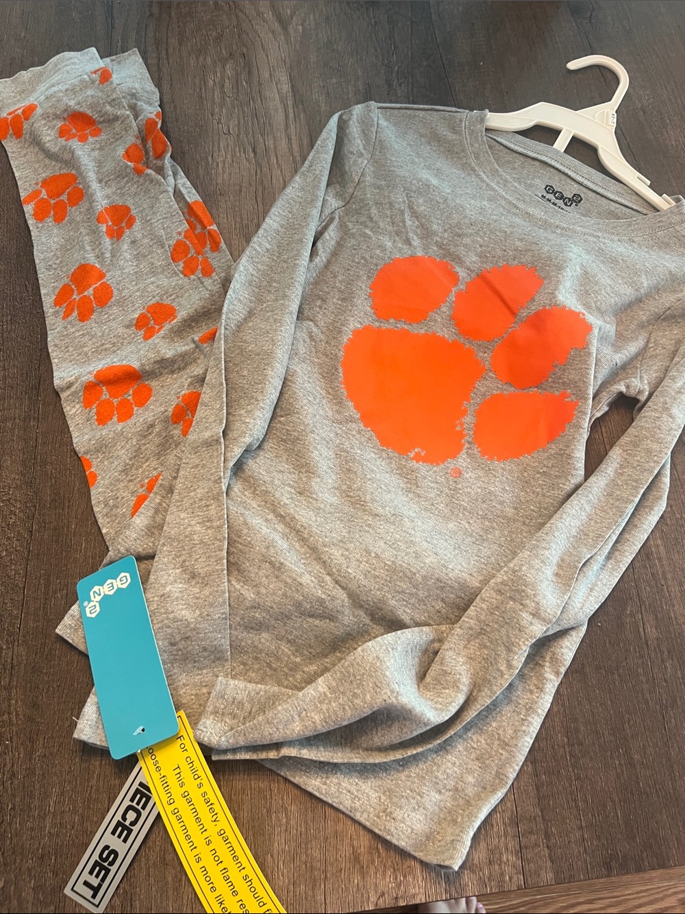 Gray clemson Pajama Set with Bright Orange Paw Print